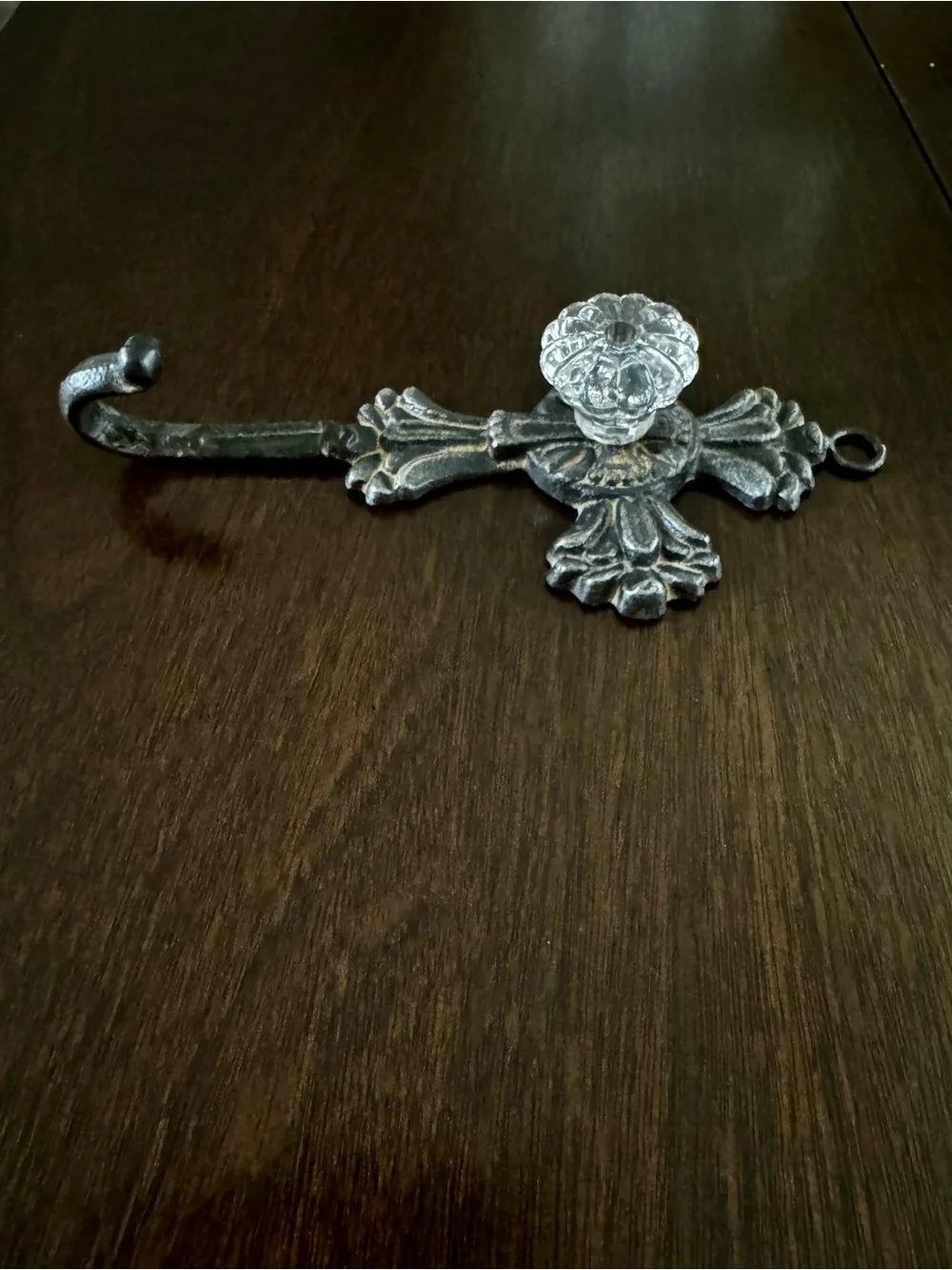 Cast Iron wall hook with clear knob 8” x 4”